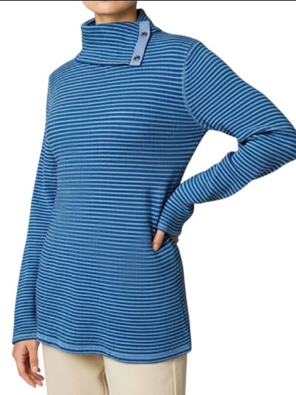 Sundance Jesse Blue Green Stripe Snap Collar Turtleneck Top Preppy Stretch XS